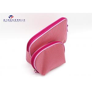 China Modern Style Fabric Makeup Bag Pink White Stripe Satin Cloth Size 22X4.5X18cm supplier