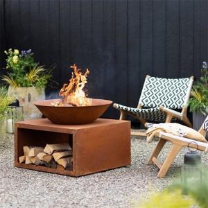 Outdoor Garden Modern Rusty Corten Steel Fire Bowl With Log Storage