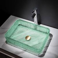 China Clear Light Green Rectangular Bathroom Sink Glass Vessel Handicraft Die Casting on sale