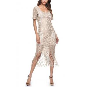 China Small Quantity Garment Manufacturer Laides Lace Dress V -  Neck Short Sleeve With Fringed Hem supplier