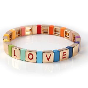 Gold Color Love Letter Enamel Tile Bracelet Elastic For Beach Party