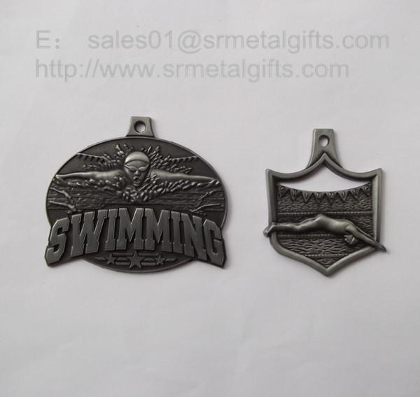 Embossed swimming medals with lace ribbon, blank swimming winner metal medals,