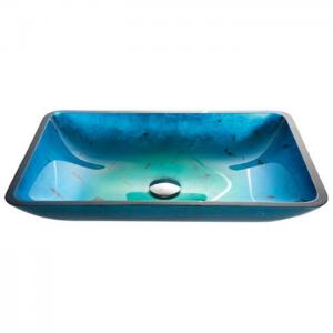 China Irruption Light Blue Vintage Undermount Trough Bathroom Sink Glass Vessel With PU Chrome supplier