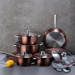 Factory Direct Sale Kitchen 12 Pcs Red Bronze Cooking Pans And Pots Cookware Stainless Steel Cookware Sets