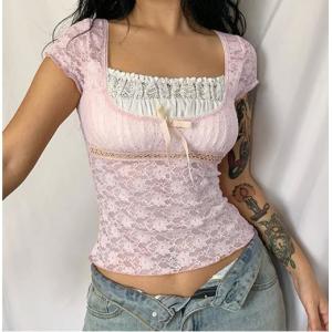 Small Quantity Clothing Manufacturer Women'S 95% Polyester 5% Spandex Short Sleeve Square Collar Lace Top