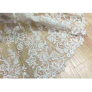 Delicate Ivory Corded Lace Fabric , Floral White Embroidered Tulle Fabric For Wedding Dress