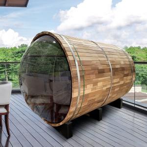 China Outdoor Large Capacity Panoramic View Cedar Barrel Saunas With Electric Heater supplier