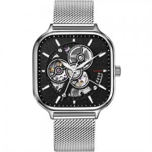 Automatic Mens Square Skeleton Watch Stainless Steel Strap Sapphire Mirror