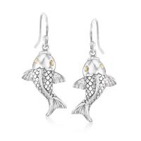 China Sterling Silver Bali-Style Koi Fish Drop Earrings with 18kt Yellow Gold on sale