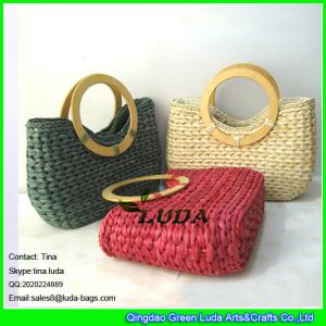LUDA Handmade cute small beach tote handbag wooden cornhusk straw hobo bag