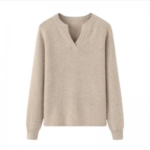 China Custom Women Cashmere Sweater Beige Casual Soft V Neck Winter Tops supplier