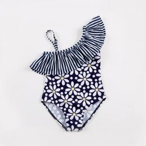 China Kid's Navy flower print  one shoulder swimwear one piece swimsuit supplier