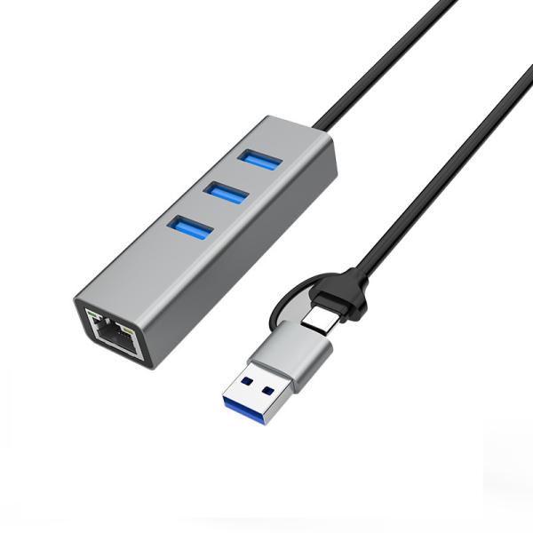 Dual Interface USB3.0 USB A HUB RJ45 Ethernet Adapter With 60CM Extension USB Cable