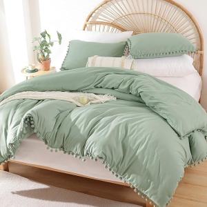 China Sage Green Bohemian Microfiber Comforter Set with Pom Fringe wholesale