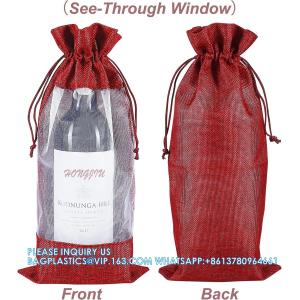 Organza Gift Bags, Jute Red Wine Bags, Burlap Bottle Pack 750ml With Sheer Window Organza Hessian Drawstring Bags