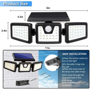 China Luz de pared solar giratoria Sensor de cuerpo de tres cabezas Luz LED 800 Lumen wholesale