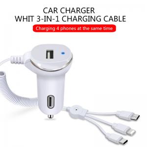 4 USB PORT CAR CHARGER USB+TYPE-C+LIGHTING PORT WITH SPRING CABLE