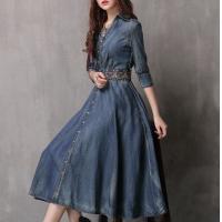 China Small Quantity Garment Manufacturer Women'S Denim Dress Half Sleeve Pocket With Embroidered Belt on sale