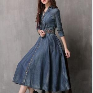 China Small Quantity Garment Manufacturer Women'S Denim Dress Half Sleeve Pocket With Embroidered Belt supplier