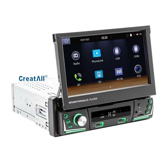 China Pantalla retráctil de 7 pulgadas Creatall, CarPlay inalámbrico todo en uno, inteligente para Bluetooth, cámara de marcha atrás, reproductor MP5 para automóvil supplier