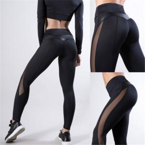 China Women Skinny Leggings Black Yoga Sport Pants Pu Leather Patchwork Lady Jogging Pants supplier