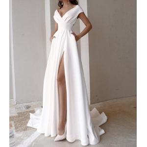 China Custom Clothing Factory China Women'S Ruffled Hem Solid Color Maxi Evening Gown Dress With Slit supplier
