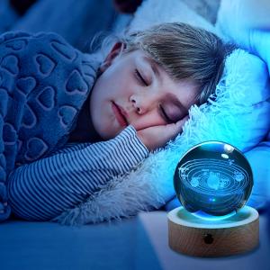 Crystal Glass Ball Night Lights with Wooden Base Personalize logo 3d laser engraving solar system crystal ball Night Lamp