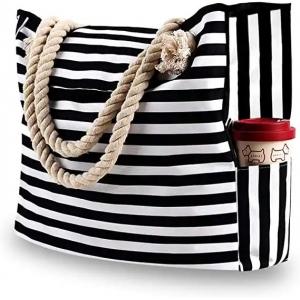 China Custom Printed Waterproof Stripe Cotton Canvas Beach Bag With Grommet Rope Handle supplier