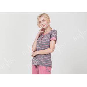 Homestyle Round Neck Women'S Pajama Short Sets , Ladies Striped Pyjamas sets