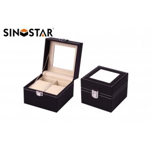 China Mens Black Leather Double Watch Box Display Glass Top Jewelry Case Organizer supplier