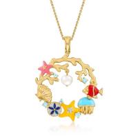 China Cultured Pearl Multicolored Enamel Blue Topaz Sea Life Pendant Necklace with Diamond Accents on sale