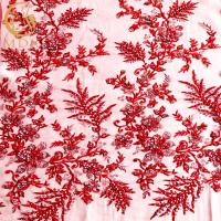 China Sustainable Handmade Lace Fabric Beaded Red Lace Material 15 Yards Length on sale