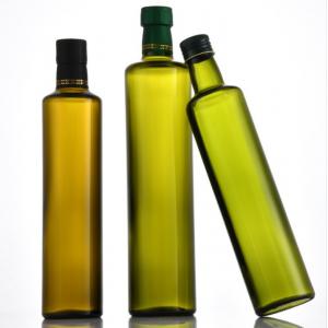 China Body Material Glass Olive Oil Bottle Dark Green Round Oil Glass Bottle with Metal Lid supplier