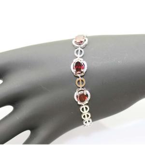 7x9mm Oval  Created Garnet and Clear Cubic Zircon 925 Silver Chain Bracelet (H05)
