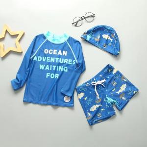 China Split Blue Big Boy Swimwear Sets Shark Conservative Boy 3pcs Swimsuit Carton Print supplier