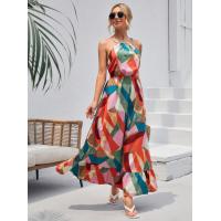 China Sleeveless Floral Print Frock Stylish Floral Halter Dress Maxi Skirt on sale