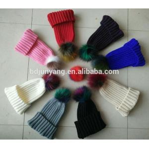Cheap beanie knit hat for women with fur pom poms