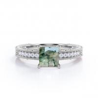China Princess Cut Natural  Druzy Moss Green Agate And Moissanite Milgrain Border Victorian  Pave Engagement Ring on sale