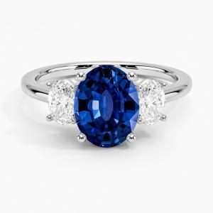 Lab Created Sapphire Capella Three Stone Lab CZ Ring Set with 9x7mm Blue Oval Lab Created Sapphire