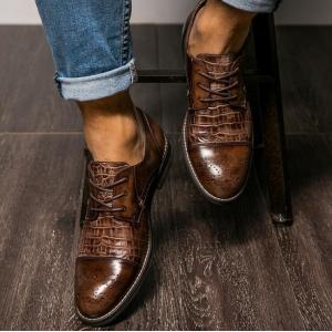 Patina Crocodile Skin Shoes for Men, Brogue Wingtips Exotic Leather Men Shoes