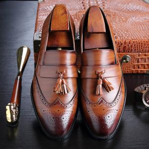 China Round Toe Mens Leather Penny Loafers Tasseled Vamps Mens Brown Leather Shoes on sale 