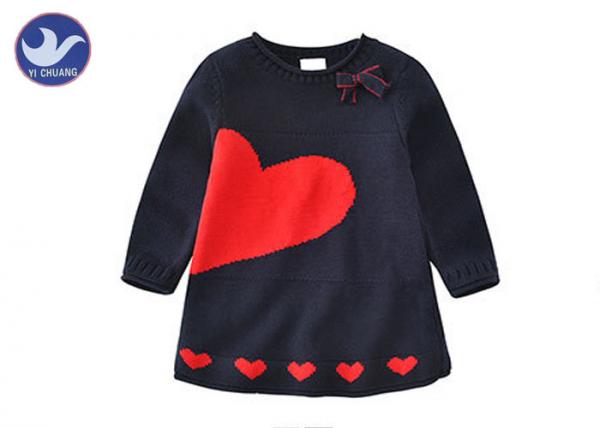 Hearts Jacquard Girls Knitted Dress A- Line Long Sleeves Round Neck With