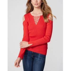 Fine Gauge Women'S Wool Pullover Sweaters , Ribbed Eyelet Lace Red Pullover Sweater
