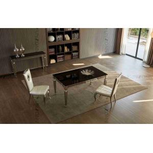 Concise Black Glass Dining Table Carved Edge Angular Legs For Dining Room