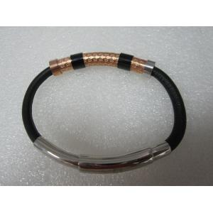 China Men's Stainless Steel Adjustable Black Leather Rose Gold Plated Bangle Bracelet supplier
