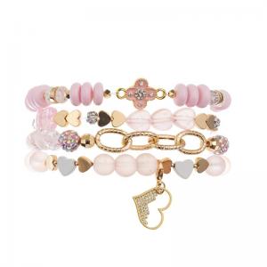 Pink Girl Elegant Dainty Beaded Bracelet Set With Gold Heart Pendant