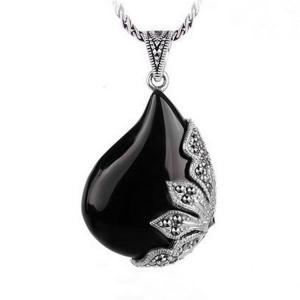 China Vintage Jewelry 925 Silver Black Onyx  Marcasite Drop  Pendant Necklace 18 Inches (JA1674BLACK) supplier