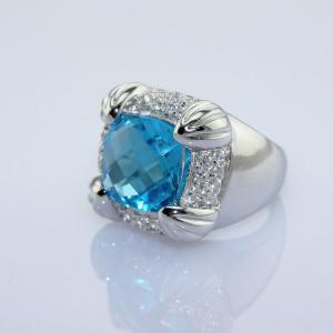 925 Sterling Silver Blue Topaz  Cubic Zirconia Ring(F59)