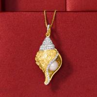 China 6mm Cultured Pearl White Topaz Seashell Pendant Necklace in 18kt Gold Over Sterling on sale