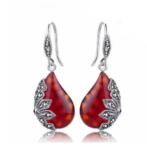 Sterling Silver Marcasite Earrings Red Agate Retro Jewelry (JA1729RED)